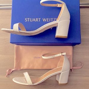 Stuart Weitzman white mini printed croc heeled sandals